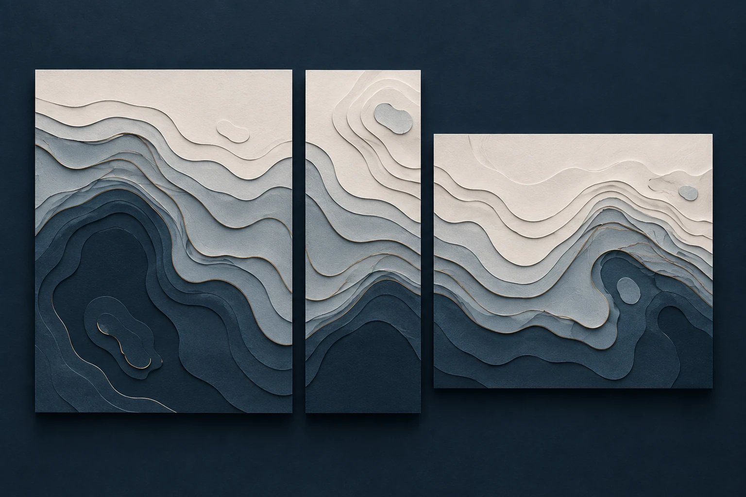Original paper-relief illustration of one landscape carried across three connected formats.