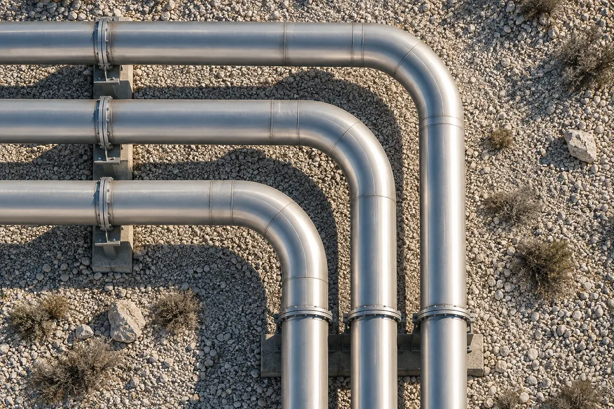 Conceptual architectural photograph of silver pipelines curving through pale stone.