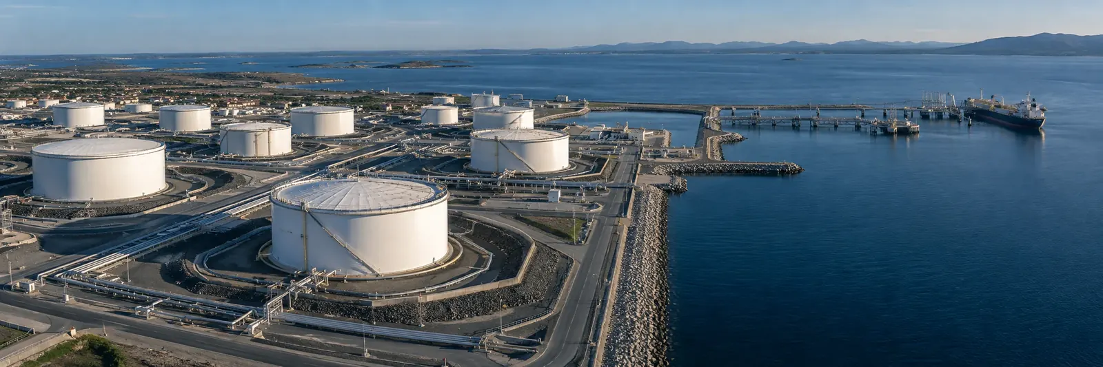 An original campaign illustration of a coastal petroleum terminal, with white storage tanks beside deep blue water.